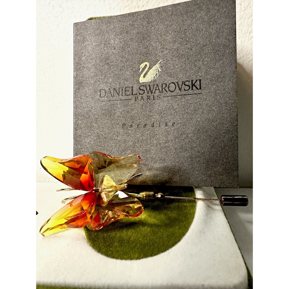 Retired Swarovski Paradise Amber Crystal Butterfly Stick Pin Vermeil 925 Silver